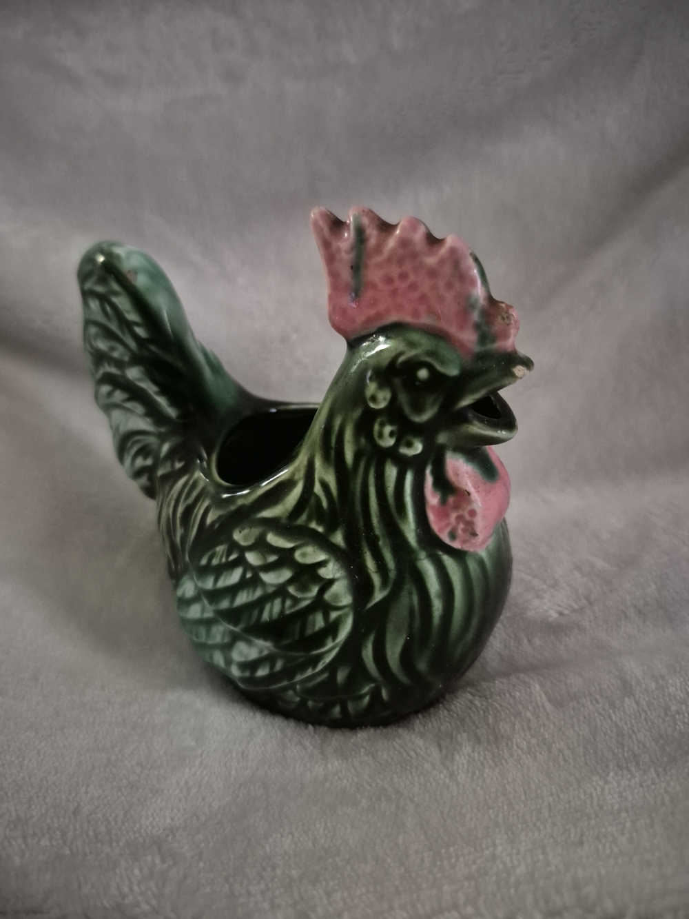 Green Ceramic Hen Bird Feeder / Planter with Pink Comb